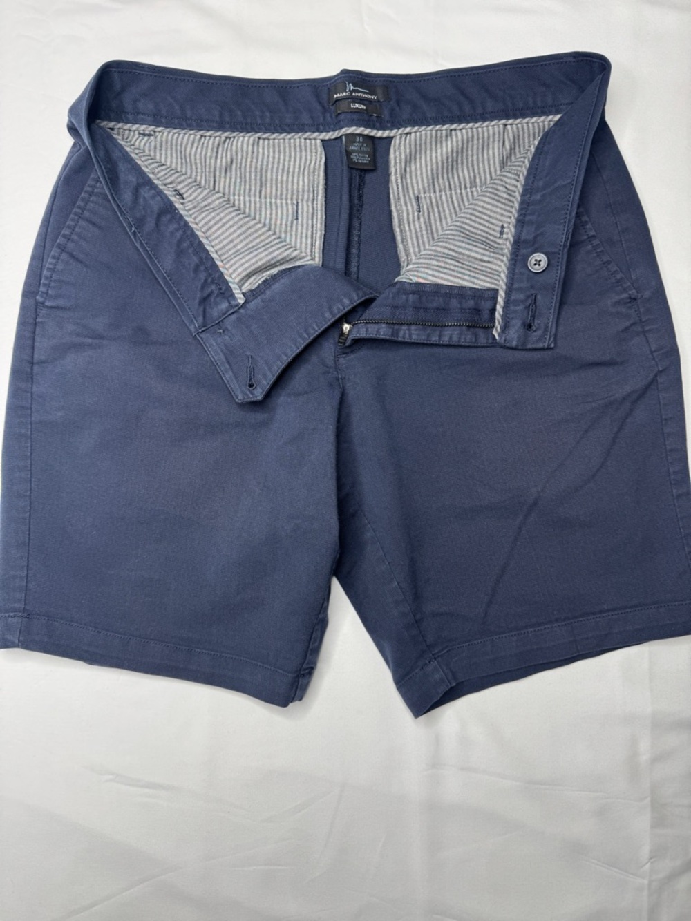 Marc Anthony Luxury Chino Shorts Size 34 Navy Blue Flat Front Cotton - Picture 2 of 7